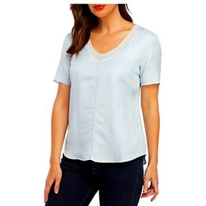 Joan Vass blue Vneck linen blend top blouse short sleeves SMALL